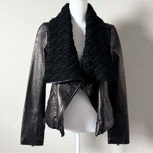 Via Spiga Black Leather Knit Collar Jacket